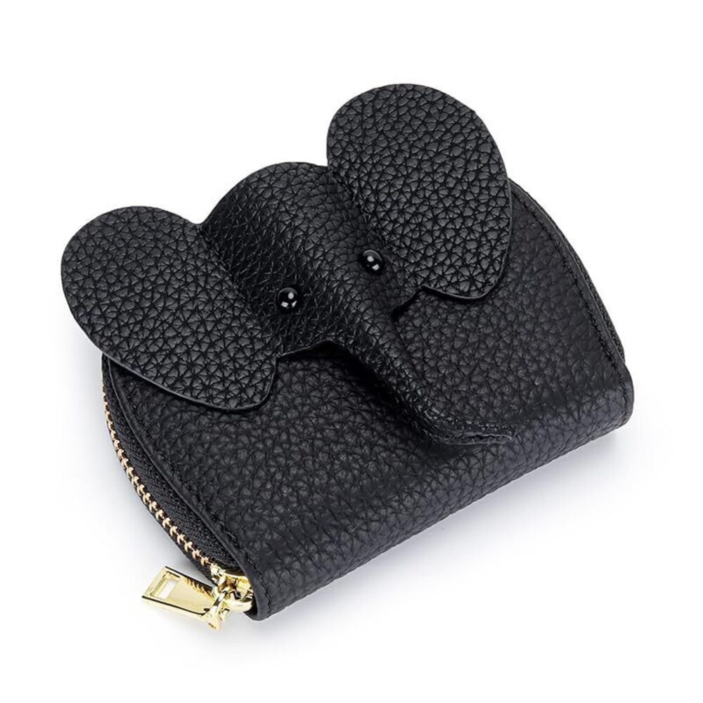 9075 Cute Elephant Leather Zipper Card Holder Black